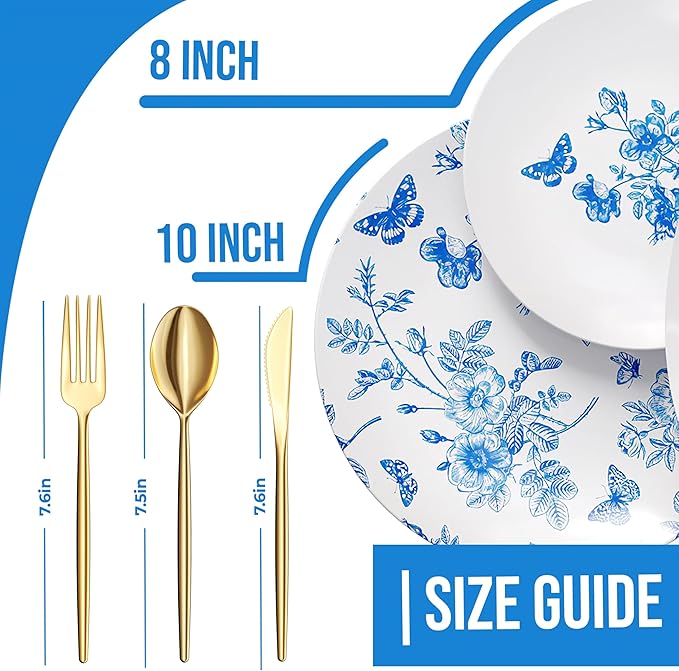 Trendables Fancy Plastic Dinnerware Sets 100 Pc Set 20 Guests Gold Silverware Disposable 20 X 10 Inch Charger Plates 20 X 8 Inch Dessert Plates 20 x Gold Plastic Forks and Spoons Knives In Botanical