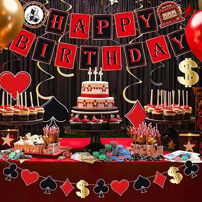 Pre-Strung 11PCS Casino Theme Happy Birthday Banners - Red Black Poker Birthday Party Decorations - Hanging Swirl Decor Supplies - Casino Games