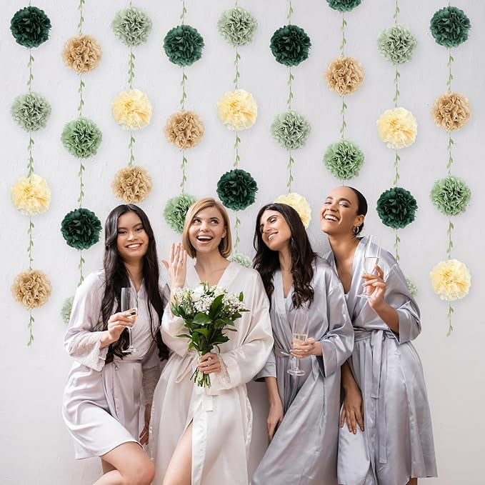 2Pcs Sage Green Tissue Paper Pom Pom Garlands Sage Green Flower Leaves Banner Hanging Paper Flower Garlands for Birthday Baby Shower Boho Wedding Engagement Bridal Shower Party Decor 8.2ft