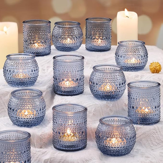 16 Pcs Blue Votive Candle Holders for Bridal Shower Decorations- Assorted Tea Light Candle Holders for Dusty Blue Wedding Decor, Baby Shower Table Centerpieces