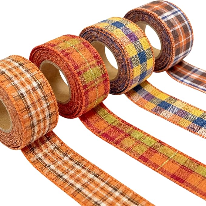 Meseey 1.5 Inch Fall Plaid Wired Ribbon Set, 4 Rolls Total 40 Yards Assorted Orange Plaid Wired Edge Ribbon for Wreaths, Bows, Gift Wrapping, Thanksgiving & Halloween Decor (FPRS001)