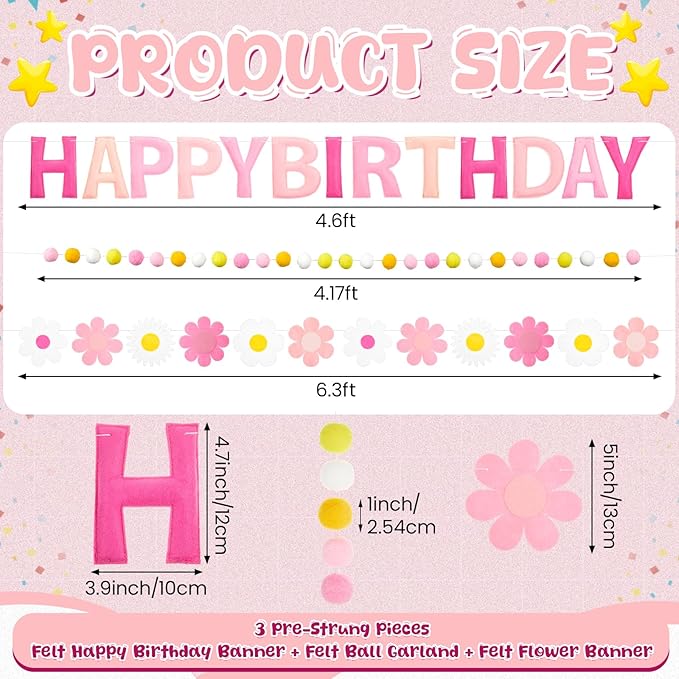 Mindsoft Pre Strung 3 Pcs Happy Birthday Banner Felt Ball Garland Pink and White Flower Banner Reusable Bulk Pink Birthday Decorations for Girls Boys Women Men
