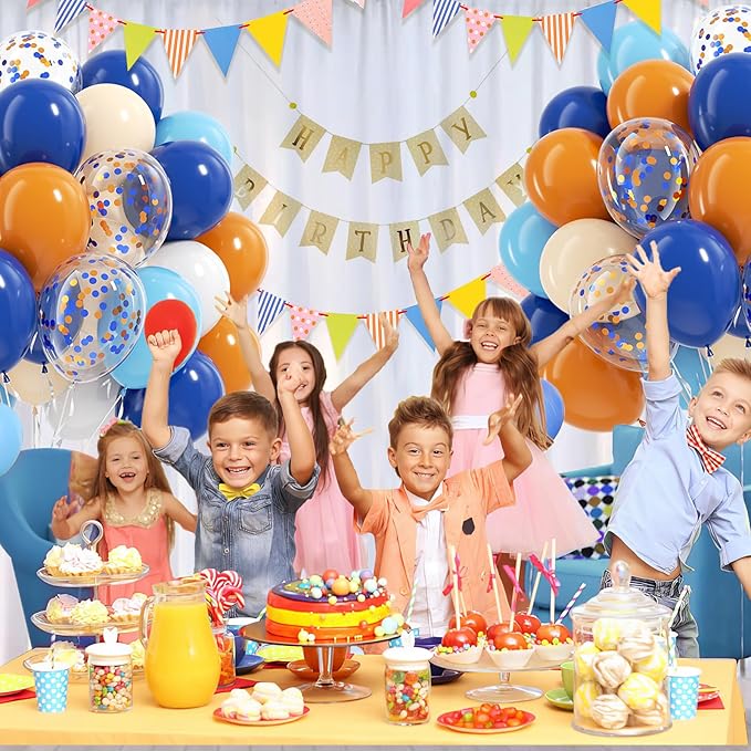 BAUANOOY Blue and Orange Balloons, 60pcs 12 Inch Orange Blue White Nude Latex Balloon with Confetti Balloons Ribbon for Baby Shower Graduation Blue Birthday Party Decorations