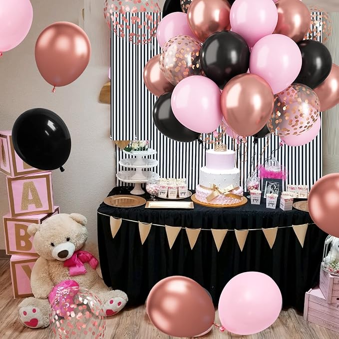 Paready Black Pink Latex Balloons, 60 Pcs 12 Inch Metallic Rose Gold and Confetti Balloons for Girls Birthday Baby Shower Engagement Anniversary Wedding Bridal Shower Party Graduation Decoration