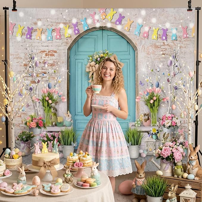 Mocsicka Easter Backdrop Blue Wooden Door with Brick Wall Bunny Rabbit Spring Photography Background Easter Day Party Decorations Photo Studio Props