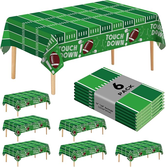 6 Pack Football Party Decorations Premium Football Disposable Plastic Tablecloth 54" x 108" Table Cloths for 6 to 8 Foot Tables Indoor or Outdoor Parties Decoration Supplies (Football Green)