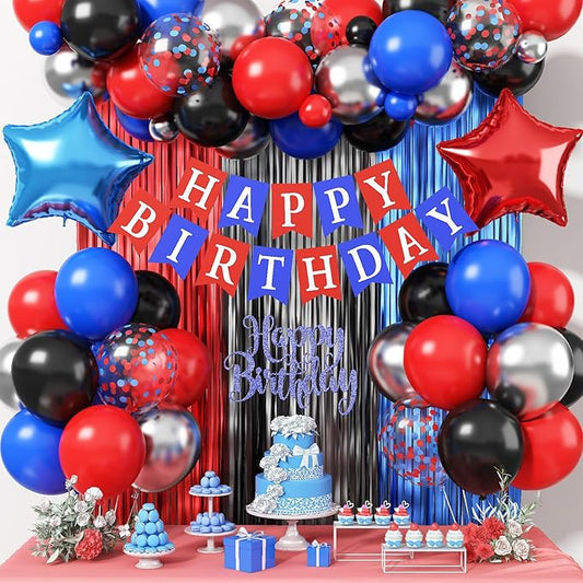Birthday Decorations for Boys, Red Blue Black Metallic Silver Confetti Latex Foil Balloon Spider Web Party Decoration Happy Birthday Banner Fringe Curtain for Kid Baby Shower Hero Theme Party Supplies