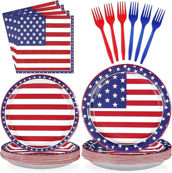 96Pcs 4th of July Patriotic Party Supplies Memorial Day Patriotic Paper Plates and Napkins US American Flag Disposable Tableware for 4th of July 250th Anniversary Party Decorations Serve 24
