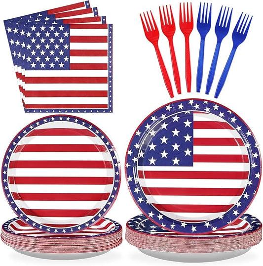 96Pcs 4th of July Patriotic Party Supplies Memorial Day Patriotic Paper Plates and Napkins US American Flag Disposable Tableware for 4th of July 250th Anniversary Party Decorations Serve 24