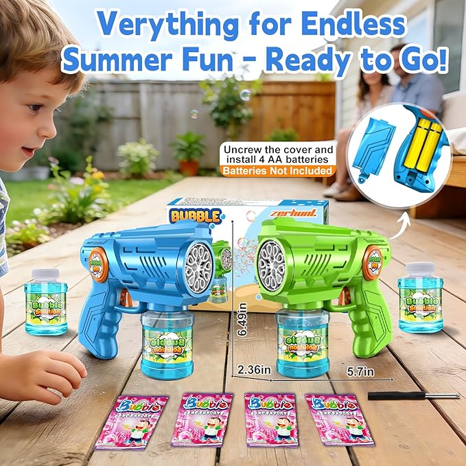 2-Pack Bubble Guns for Kids 4-8: Automatic Bubble Machine Gun with Bubble Solution Refill & LED Light - Great Party Toys for Outdoor Easter Wedding Birthday - Summer Toy for Toddlers