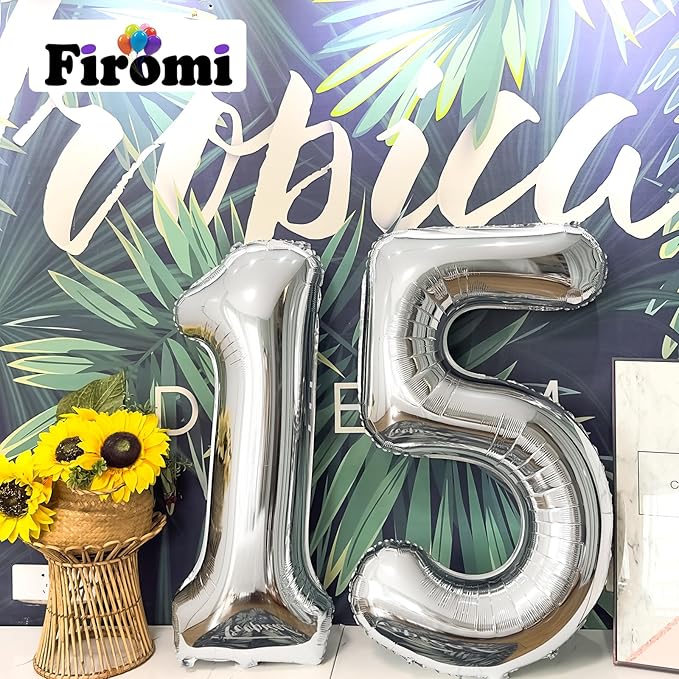 FIROMI 15 Number Balloons Silver Big Giant Jumbo Huge Foil Mylar 15 Balloon Numbers for 15th Birthday Party Anniversary Events Decorations 40-inches