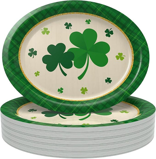 50 Pack St. Patrick’s Day Disposable Paper Plates, Green Shamrock Party Plates for Irish Festival, St. Paddy’s Day Party Supplies, 10.2 x 12.6 In
