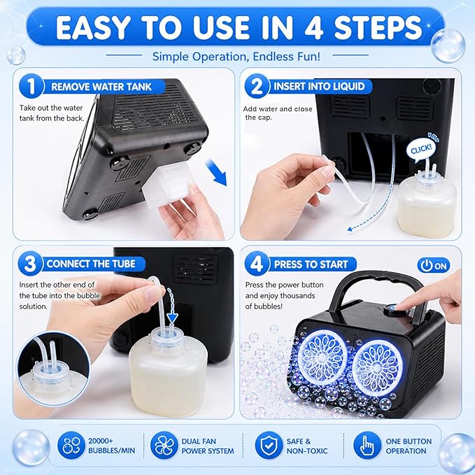 Bubble Machine with Dual Fans, 20,000+ Bubbles Per Minute, USB-C or AA Battery Powered,Leak-Proof Sealed Bottle,Portable Bubble Maker for Birthday Party Pool Wedding Outdoor