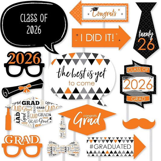 Big Dot of Happiness Graduation Props for Photoshoot 2026, 20-Count Set of High School Senior Photo Booth Props for Pictures and Graduation Party Decorations - Orange