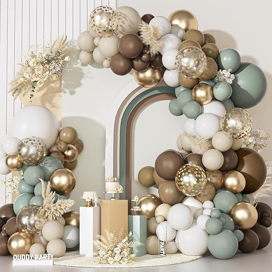 Ouddy Party Dusty Green Nude Balloons Garland Arch Kit, Different Sizes 18 12 10 5 Inch Sage Green Brown White Sand Beige Cream Latex Confetti Balloon for Neutral Baby Shower Birthday Party Decoration