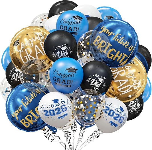 GuassLee Graduation Blue and Gold Balloons 2026 - Grad Latex Confetti Balloons with Congrats Grad Foil Balloons for Graduation Party Decorations Supplies, 60Pcs