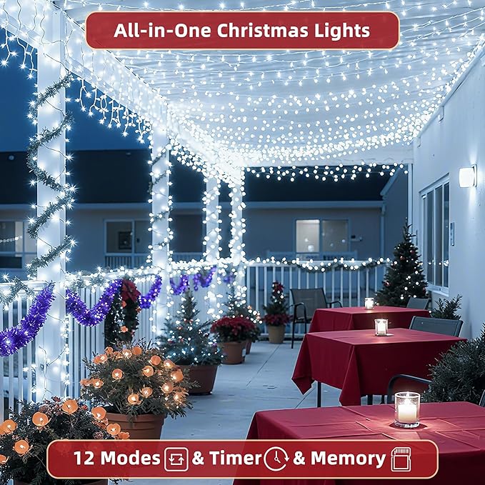 300LED 75FT Christmas Lights Indoor, LED Christmas Tree Decoration Lights with 12 Modes & Timer Memory, Dimmable Plug In Waterproof LED Xmas Light for Yard Trees Wedding Party Holiday Cool White