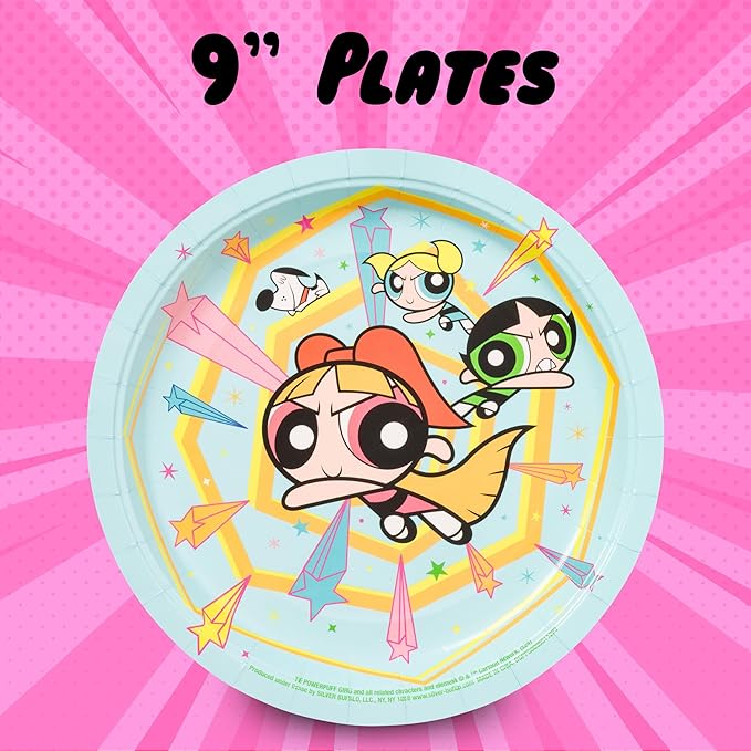 Silver Buffalo The Powerpuff Girls Featuring Blossom, Bubbles, and Buttercup 32 Pack Partyware Disposable Paper Plates and Napkins
