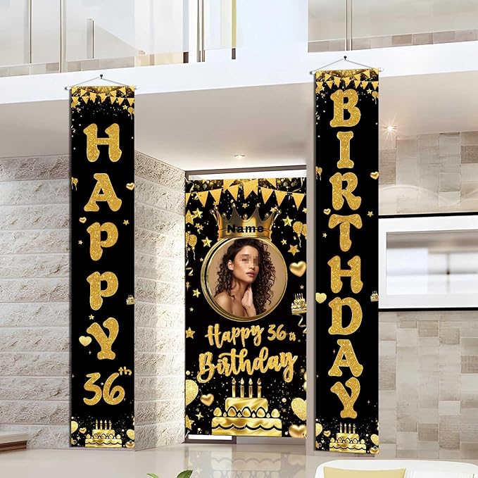 Custom Photo Birthday Banner Set Personalized Name Door Banners Fabric Backdrop Birthday Decorations Party Supplies Background for Indoor Outdoor Front Door Sign(Black and Gold)