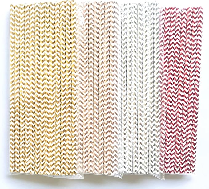 100 pcs Mixed Colorful Party Paper Straws, Shiny Colored Golden Red Rose Gold Silver Foil Wave Zig Zag Drinking Straws Bulk, Juice Bar Holiday Birthday Wedding Cake Pop Sticks (Metallic Chevron 01)