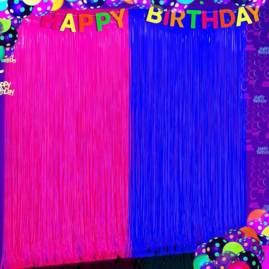 Glow in The Dark Party Supplies 2 Pack Neon Party Decorations Fluorescent Tinsel Foil Fringe Curtains Photo Booth Prop Backdrop Streamer Blacklight Decorations (Neon Hot Pink+Neon Light Blue)