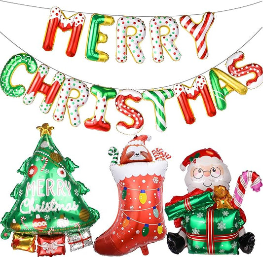 Merry Christmas Balloons Banner Kit - 14 Letters Santa Tree Stocking Foil Balloons for Xmas Party Decor, No Helium Needed Indoor Outdoor Decorations