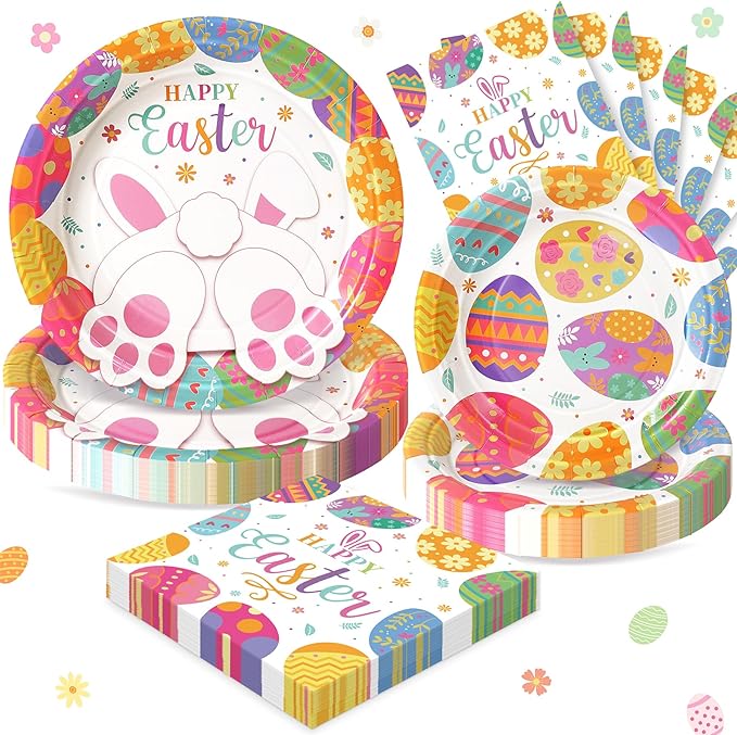 Happy Easter Plates and Napkins, 72PCS Colorful Easter Party Supplies, Bunny and Eggs Disposable Paper Plates, Spring Party Supplies, Rabbits Easter Party Decorations Serves 24