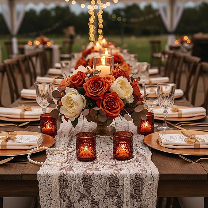 15Pcs Glass Votive Candle Holders, Amber Tea Light Candle Holders Vintage Fall Tealight Candle Holder Bulk for Autumn, Thanksgiving Table Centerpieces, Christmas Decor (Amber)