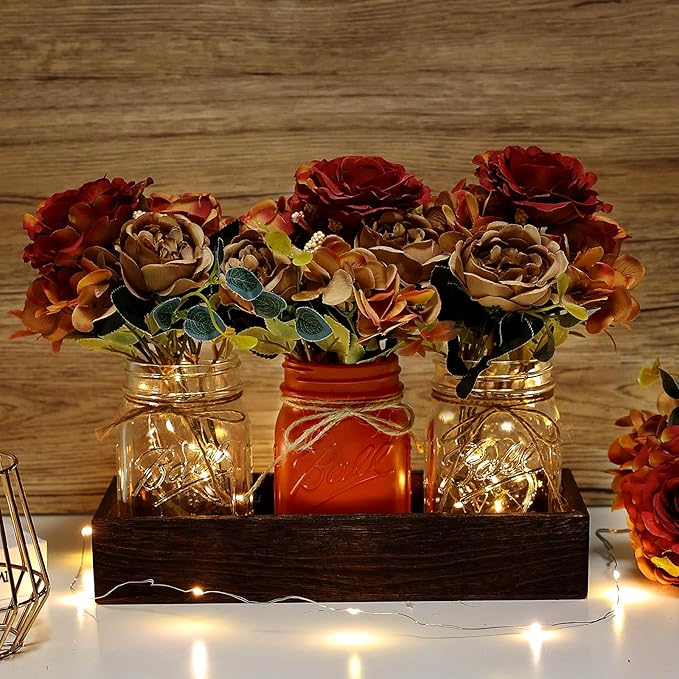 Mason Jar Centerpiece Table Decor for Dining Room Fall Farmhouse Coffee Table Decor with Wood Tray Fairy Lights Fake Flowers for Kitchen Living Dining Room - Orange