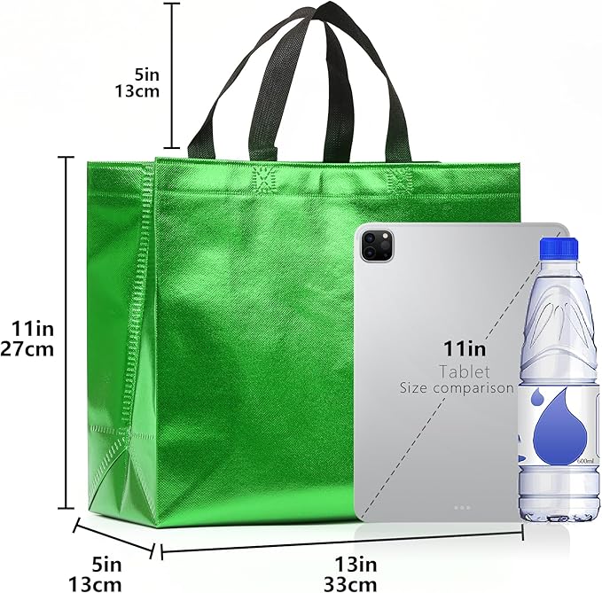 KeerxunBag 12Pcs Reusable Gift Bags（Includes Tissue Paper） Gift bag with handle Birthdays Parties Holidays Weddings Medium 13x5x11in Green Gift Bags