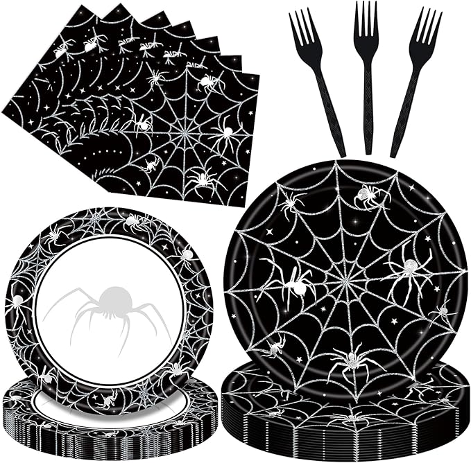 96 Pieces Halloween Tableware Set – Spider Web Themed Disposable Party Supplies with Paper Plates, Napkins, and Forks for Haunted House Parties, Spooky Dinners, and Halloween Events – Serves 24