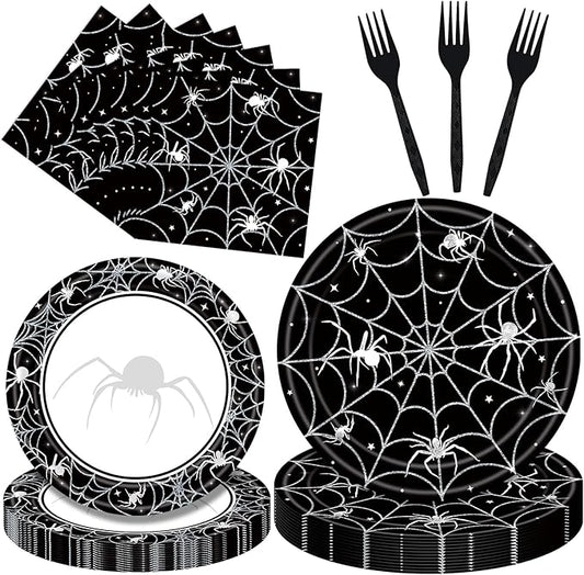 96 Pieces Halloween Tableware Set – Spider Web Themed Disposable Party Supplies with Paper Plates, Napkins, and Forks for Haunted House Parties, Spooky Dinners, and Halloween Events – Serves 24