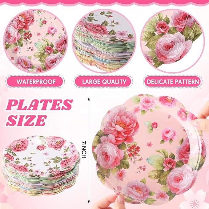 80 Pcs Spring Floral Paper Plates 7 Inch Vintage Scalloped Tea Party Plates Pink Flower Colorful Disposable Dinnerware Dessert Dish for Wedding Bridal Shower Baby Shower Birthday Party Decoration