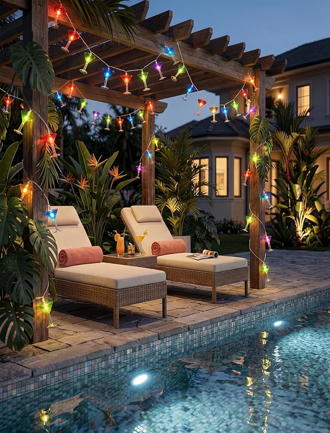 Cocktail Glass String Lights, 8.5FT 10 LED Summer String Lights with UL Certified Plug, Waterproof Tropical Party Decorations for Patio, Connectable Hawaiian Lights for Garden Backyard Bar Decor
