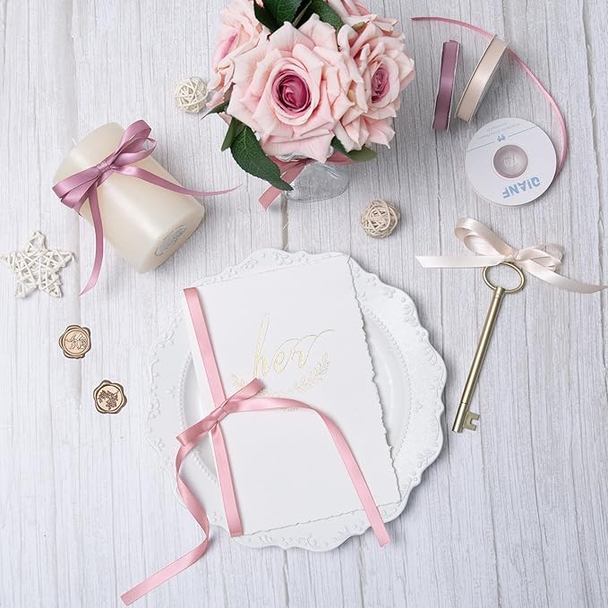 QIANF Dusty Rose Double Face Satin Ribbon 3/8 Inch x 45 Yards Champagne Pink/Rose Gold/Mauve Fabric Ribbon for Gift Wrapping, Flower Bouquets, Bows Making, Wedding Decor (3 Rolls *15Yd)