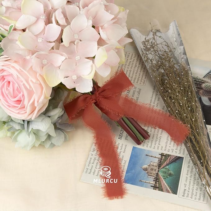 Rust Chiffon Ribbon - 1 Inch x 21 Yards, Handmade Fringe, Silk, Boho Frayed Ribbon for Gift Wrapping, Wedding Invitation, Bridal Flower Bouquets