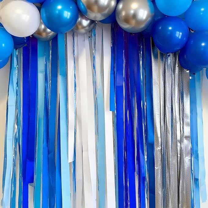 BEISHIDA 8 Rolls Blue Silver White Crepe Paper Streamers for Men Birthday Graduation Party Decorations Baby Shower DIY Craft Paper(1.8 Inch x 82 Ft/Roll)