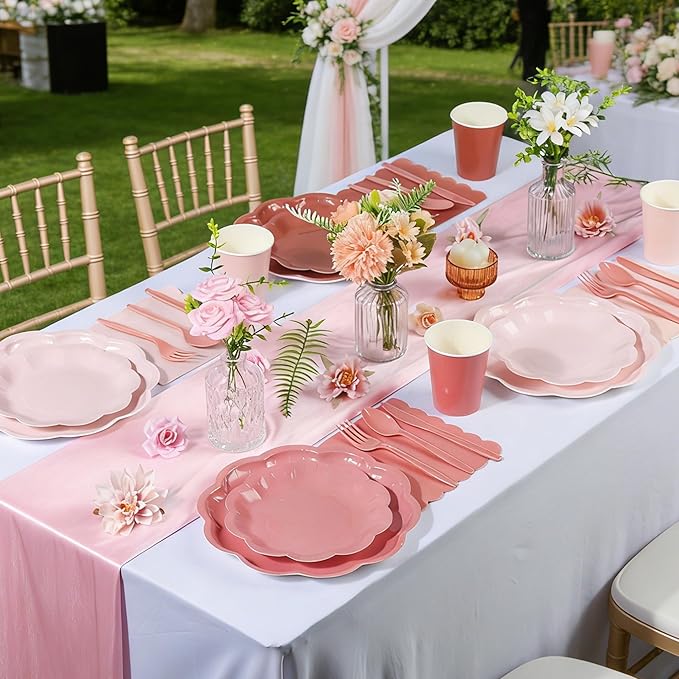 168 Pcs Dusty Pink Paper Plates and Napkins 24 Guests Gradient Scalloped Disposable Tableware Party Supplies Set for Mothers Day Wedding Birthday Garden Tea Party