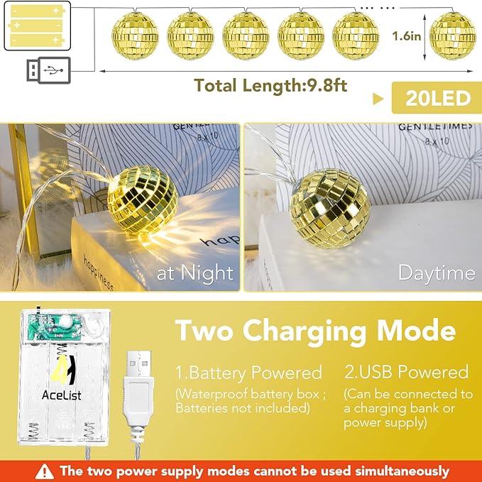 AceList 20 LED 9.8ft Disco Ball String Light - Battery Powered and USB Plug, Disco Ball Lights for 70's Disco Party Decorations and Birthday Parties, Mamma Mia (Gold)