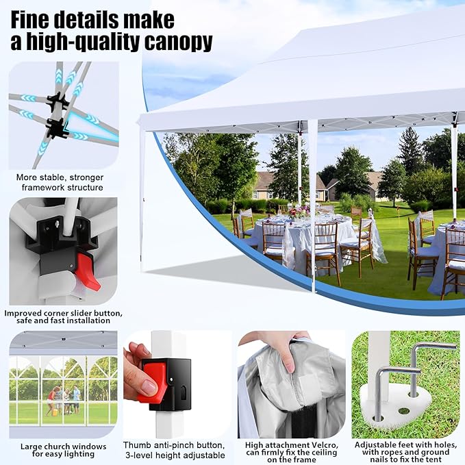 COBIZI 10x20 Pop Up Canopy with 6 Sidewall, Commercial Canopy UPF 50+ Waterproof Outdoor Gazebo with Carry Bag, Tents for Parties with Upgrade Frame, 3 Height Adjustable, Arctic White
