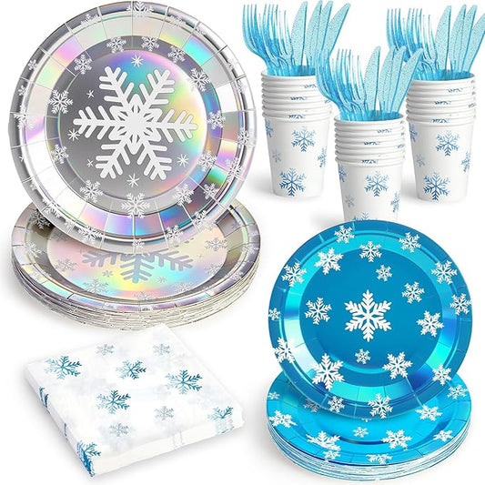 144Pcs Snowflake Frozen Birthday Party Supplies Decorations Laser Paper Plates Napkins Vintage Party Tableware Disposable Snow Dinnerware Set for Kids Birthday Baby Shower Table Decor, Serve 24