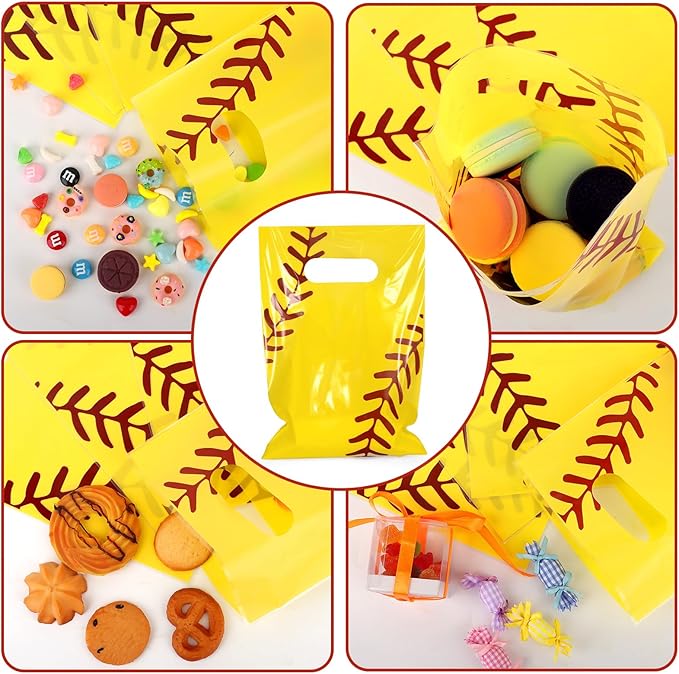 Hxezoc 50 Pieces Softball Gift Bags with Handle, Plastic Treat Candy Bag Sport Favor Bags For Kids Birthday Party Decoration Supplies (Yellow)