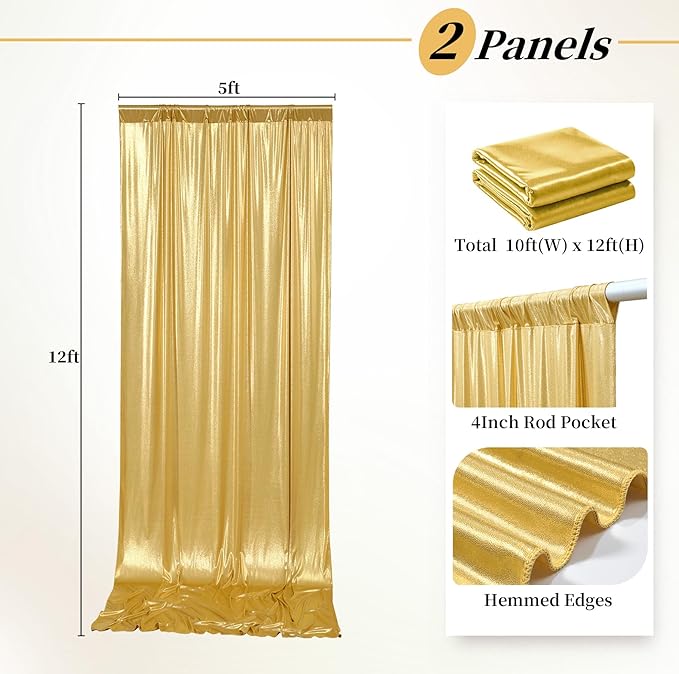 10x12ft Gold Sequin Backdrop Curtains, Wrinkle Free Shimmer Drapes Photography Background, 2 Panels 5x12FT Non-Shedding Glitter Sparkle Curtain for Wedding Birthday Christmas Studio Party Decoration