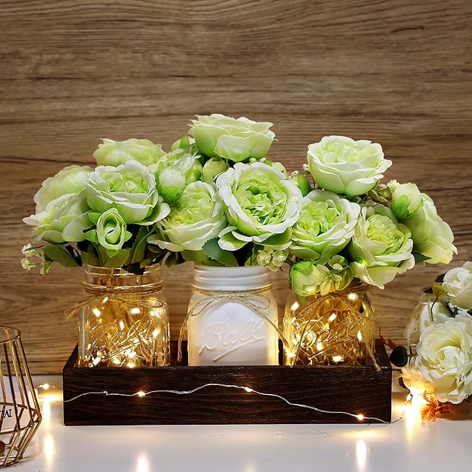 Mason Jar Table Centerpiece with Wood Tray, Fairy Lights, and Fake Flowers for Dining Room, Farmhouse Coffee Table Decor for Kitchen Living Room - Green