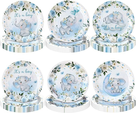 Funnymoom 60 Pcs 7 Inch Elephant Baby Shower Paper Plates It's a Boy Shower Decorations Tableware Baby Gender Reveal Plates It's a Boy Party Supplies for Blue Floral Elephant Party