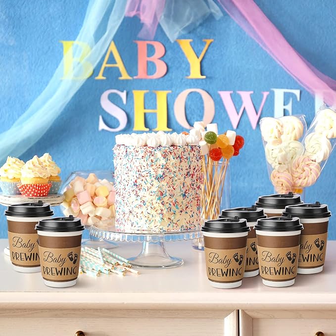 Newtay 50 Counts Baby Is Brewing Coffee Sleeves, Disposable Kraft Paper Cup Sleeves for Baby Shower, Gender Reveal, Halloween Party Decorations, Fits 12 16 or 20 oz Hot Cold Drinks Paper Cup(Playful)
