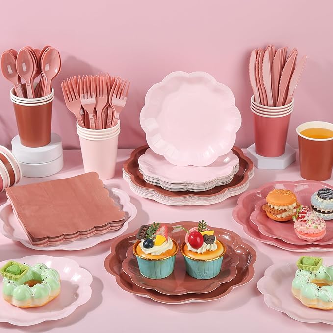 168 Pcs Dusty Pink Paper Plates and Napkins 24 Guests Gradient Scalloped Disposable Tableware Party Supplies Set for Mothers Day Wedding Birthday Garden Tea Party