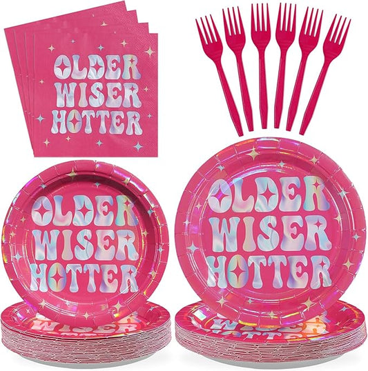 96Pcs Older Wiser Hotter Party Supplies Hot Pink Theme Plates and Napkins Happy Birthday Tableware Set for Women Rose Red Birthday Retirement Party Decorations Serves 24