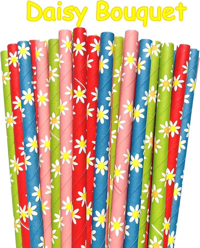 100 pcs Floral Garden Tea Party Paper Straws, Yellow White Daisy Flower Pink Blue Red Green Ditsy Drinking Straws, Vintage Spring Summer Wedding Baby Bridal Shower Cake Pop Sticks (Daisy Bouquet)