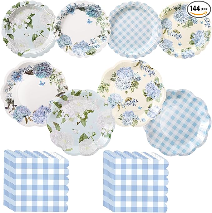 144 Pcs 48 Guests Hydrangea Party Plates and Napkins Blue White Hydrangea Paper Plates Napkins Flower Floral Checkered Disposable Tableware for Vintage Baby Shower Wedding Tea Party Supplies